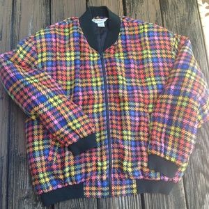 Marguerite Li Black Houndstooth Silk Bomber Jacket L Rainbow Red Vintage 80s 90s